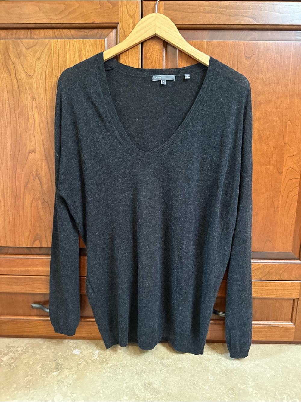 Vince Charcoal Gray rounded v neck tissue weight Sweater